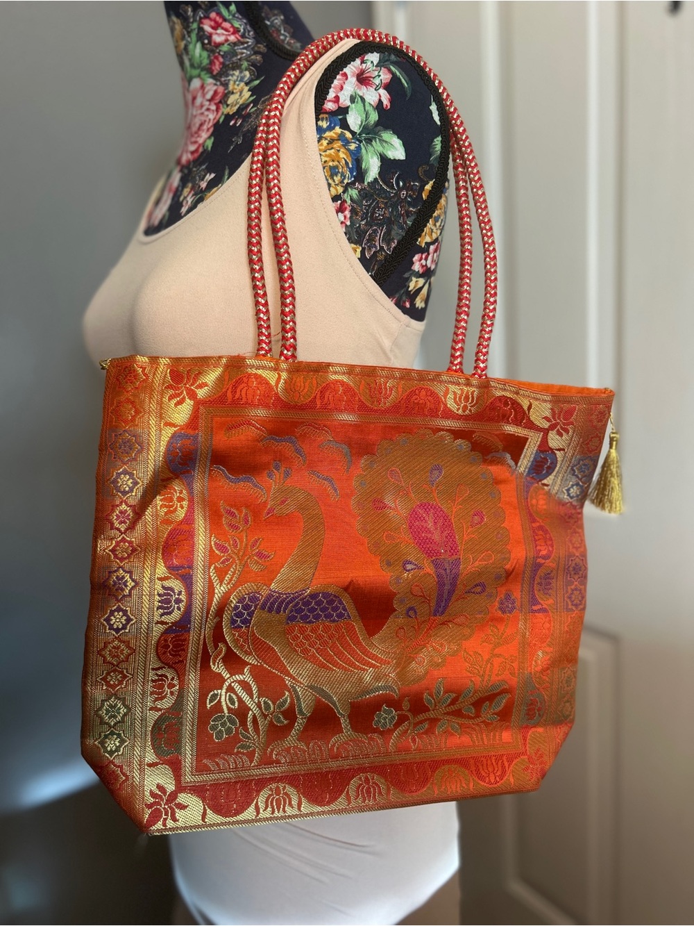 Indian Brocade Peacock Tote Bag Orange Gold Zari Boho Ethnic Shoulder Handbag